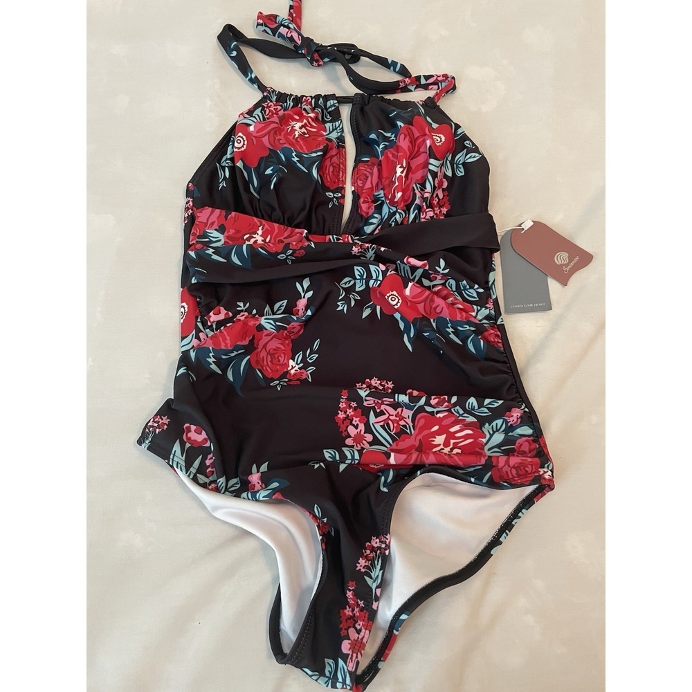 New Smismivo Womens Sz Small Tummy Control Halter One Piece Swimsuit‎ Black